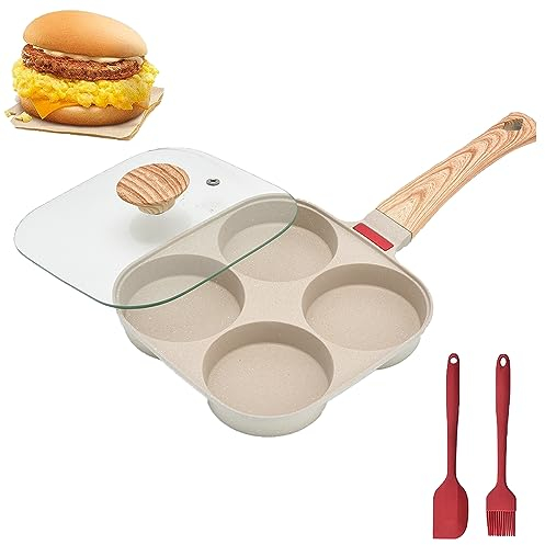 RYITGO Padella per uova fritte con coperchio, 4 tazze antiaderente, padella per pancake con coperchio, padella per pancake in alluminio, fornello per colazione diviso, adatto per fornelli a gas e