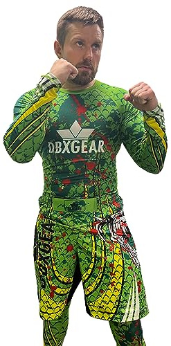 DBXGEAR MMA Full Sleeve Compression Base Layer Martial Arts Body Suit BJJ Rash Guard Brazilian Jiu Jitsu Grappling Top Bottom Set (Green Devil, L)