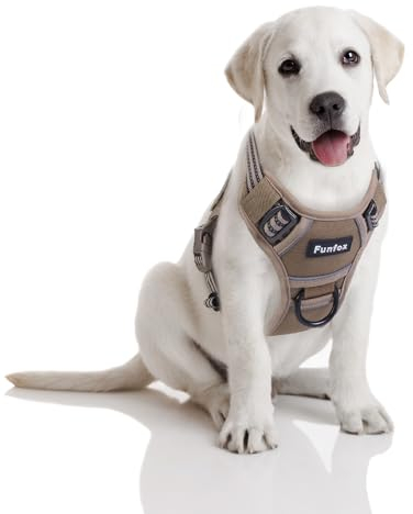 Funfox Hundegeschirr Mittelgroße Hunde, Anti Zieh Hundegeschirr Verstellbares Brustgeschirr Hund, Anti Zug Taktisches Geschirr Hund mit Griff Reflektorstreifen für Kleine Mittlere Grosse, Braun M