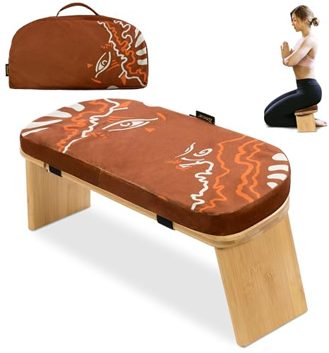 Zaveur Bamboo Meditation Bench with Cushion - Foldable Bench for Multiple Seating Angles - Kneeling Chair Meditation Stool - Yoga Chair Prayer Bench for Deeper and Longer Meditation - Brown