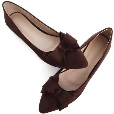 SAILING LU Women's Pointed Toe Ballet Flats Comfortable Cute Bow-Knot Loafers Solid Color Suede Slip-ons Soft Walking Shoes Brown Size 8.5