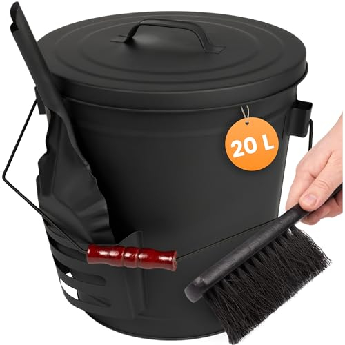 BLACK OAK Stromboli - Secchio per cenere da 20 l, nero con coperchio, pala e scopa, nero, grande, 20 litri, in acciaio zincato, ignifugo, verniciato a polvere, cenere e carbone, accessori per camino
