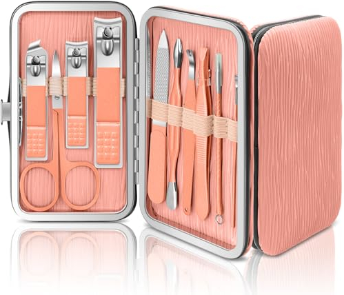 BLESWIN Manicure Kit, 10 in 1 Set Manicure e Pedicure Professionale, Set Unghie da Viaggio Donna e Uomini, Manicure Pedicure Kit con Custodia in Pelle Oro Rosa Set per Salone di Bellezza