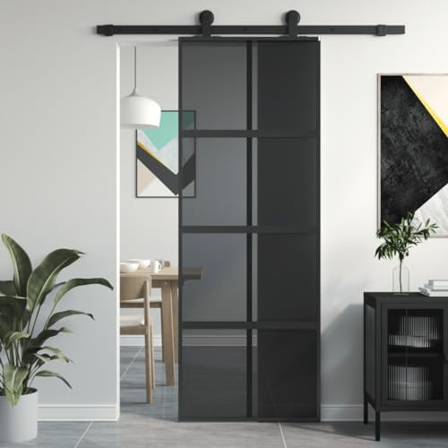 Gecheer Porta Scorrevole,per Interno,in Vetro ESG e Alluminio,Nero e Trasparente Scuro,76x205 cm,Porta Scorrevole in Vetro e Alluminio,Porta per Interno