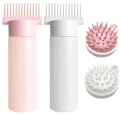 TAIHOBO 2 Hair Oil Applicator Bottle 180ml with 2 Scalp Massager, Oil Applicator Bottle for Hair with Scale, Oil Bottle for Hair Even Dyeing, Root Comb Applicator Brush Easy to Apply