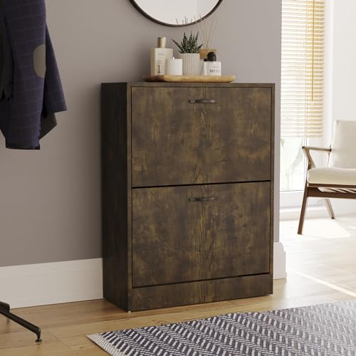 Vida Designs Shoe Cabinet, Wooden Shoe Storage Unit with 2 Pull-Down Drawers, Multifunctional Dust-Proof Space-Saving Slim Design Cupboard for Hallway or Entryway (Dark Wood)