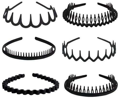 XWCHASA Lot de 6 Serre Tete Zig Zag en Plastique, Serre Tête Homme Femme, Styles Variés, Bandeau Noir Mat pour le Sport, Fitness, Maquillage Quotidien