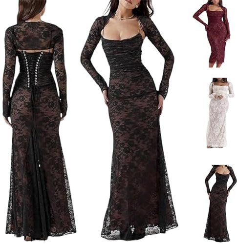 DAIKK Robe maxi corset en dentelle avec cordon de serrage châle, robe châle 2 pièces pour femmes (Black,Small)