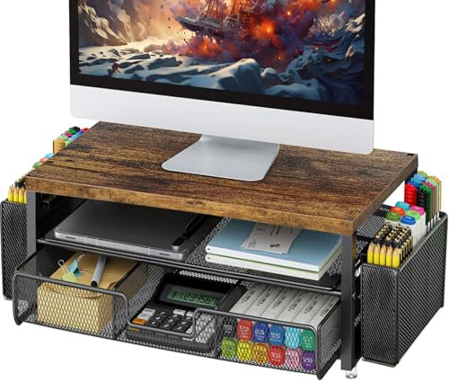 gianotter Monitorständer aus Holz, Büro-Schreibtisch-Organizer, Schreibtisch-Organizer mit Schublade und Stifthalter, 2-stöckiger Computerständer, Büroorganisation (Holz)