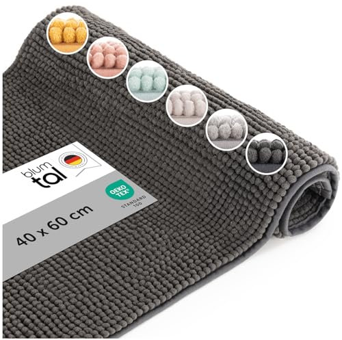 Blumtal Badematte 40x60 cm Hochflor Chenille - Oeko-TEX zertifizierter Badteppich - Badematten & Badteppiche - Duschvorleger - Badvorleger rutschfest - Fußmatte Bad - Badezimmer Teppich in Dunkelgrau
