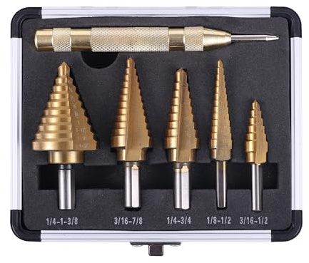 Witwocky Step Drill Bits, 6PCS (50 Sizes) HSS Step Unibit Drill Bit Set with Automatic Center Punch, Double Cut Blades High-Speed Steel with Aluminum Case, Multi-Hole Stepped Up Bits for DIY Lovers