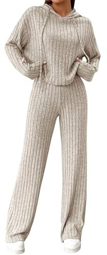 EFOGEP Damen Lounge Set: Trainingsanzug 2PCS Schlafanzug Rippenstrick Kapuzenpullover Oberteil und Hose mit weiten Beinen Pjs Freizeitanzüge Jogginganzug Loungewear Nachtwäsche Homewear Aprikose M