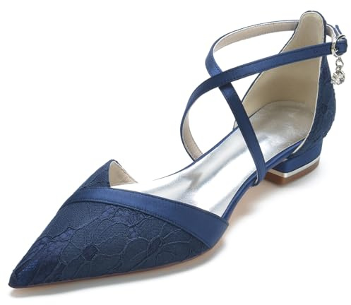 Femmes Dentelle À Lanières Chaussures De Robe Talon Bas Ballerines Bout Pointu Fête De Mariage Chaussures De Bal pour La Mariée,Marine,39 EU