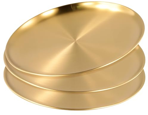 PINGEUI 3 st middagstallrikar i guld i rostfritt stål, 26 cm rund middagstallrik i metall, serveringsbricka för camping, grill, picknick och utomhusbruk
