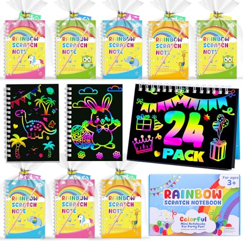 Elover Party Favors for Kids 4-8-12: 24 Pack Scratch Rainbow Art Crafts Notebook, Coloring Book Goodie Bags Stuffers Kit, Bulk Birthday Gift Classroom Prizes Girl Boy Toddler