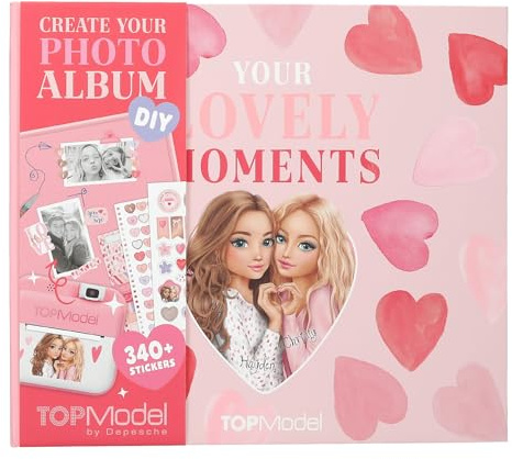 Depesche 13776 TOPModel Create your Photo Album: álbum de fotos DIY en rosa, con motivos de modelos y corazones, álbum de fotos con 32 páginas para diseñar uno mismo.