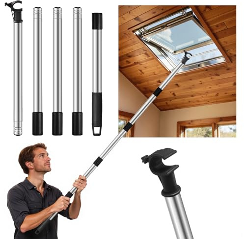 Teleskopstange Dachfenster Bedienstange: Teleskopstange zur Steuerung von Dachfenstern für Velux GGL/GGU Dachfenster und Rollos - Bedienungsstange Aus Edelstahl mit Universalhaken 185 cm (A set)