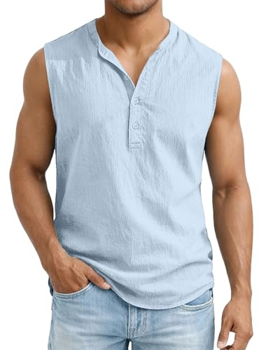 Tank Tops for Men UK Casual Sleeveless Henley Neck Vest Tops Solid Cotton Linen Vests Breathable Lightweight Muscle Tees Gym Streetwear Holiday Outdoor Classic Summer Shirts