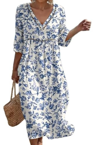 Summer Dresses for Women UK Bohemian 3/4 Sleeve Print Dresses Casual Loose Fit Boho Dress Breathable Comfortable Friendly Elegant Style Holiday Beach Travel Everyday Wear
