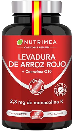 Levadura de Arroz Rojo + 15 mg Coenzima Q10 + 2,8 mg Monacolina K – Apoyo al Colesterol – Sin Citrinina – Alta Concentración – 90 Cápsulas Veganas – Fabricado en Francia – Nutrimea