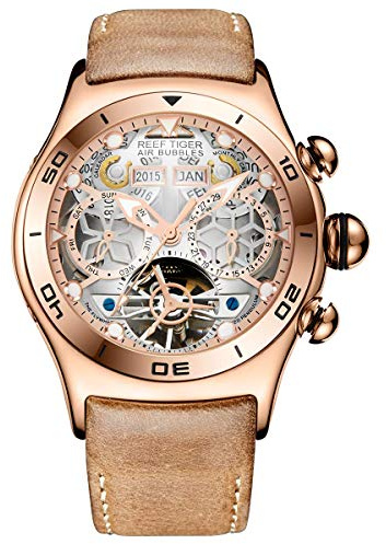 REEF TIGER Sport herr Tourbillon klocka multifunktionell rosguld skelett kvartsur RGA703