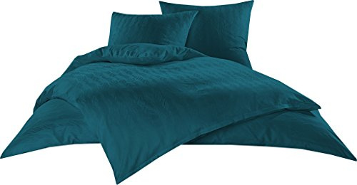 Bettwaesche-mit-Stil Mako Satin Damast Bettwäsche Garnitur Waves Petrol Blau (135 cm x 200 cm + 80 cm x 80 cm)