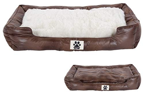 M&L Handel DeluxePet 'Schlummer' Hundebett braun 80x60 aus Kunstleder mit 2in1 Wendekissen, Hundekissen für große Hunde mit Einer Fell und Leder Seite, Seiten weich gepolstert, Anti-Rutsch Rückseite