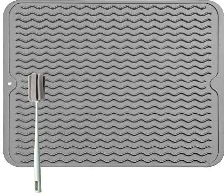Silikon Abtropfmatte für Geschirr - 50 x 40 cm Abtropfmatte für Geschir, BPA-frei, Geschirr Trockenmatte, Hitzebeständig, Rutschfest, Spülmatte Abtropfunterlage mit Bürste (Grau, 50 x 40 cm)