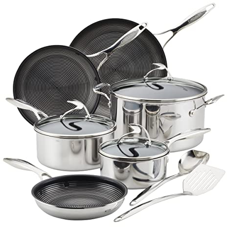 Circulon Clad Stainless Steel Cookware/Pots and Pans and Utensil Set with Hybrid SteelShield and Nonstick Technology, 11 Piece - Silver