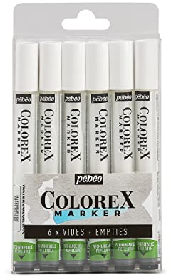 Pébéo - Colorex Empty Refillable Marker Pen – Compatible with 56 Pebeo Colours – Versatile Brush Tip – Multi-Tool Drawing Ink All Media – Set of 6 Empty Markers