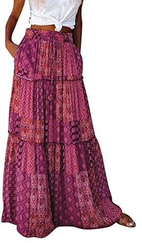 Falda larga para mujer, estilo bohemio, floral, cintura alta, elástica, con bolsillos, falda larga y cinturón, falda plisada, falda de playa, falda casual maxi, morado, S