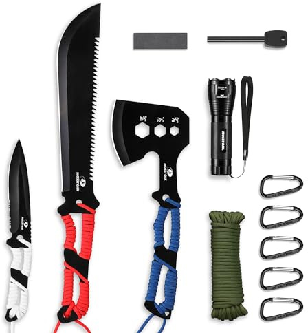 Mossy Oak Hatchet and Machete Knife Set with Sheath, One-Piece Axe & Hunting Knives with Paracord Handle, Zoomable Flashlight, Many Other Tools, Ideal Gift for Men Who Likes Hunting Outdoor Adventure