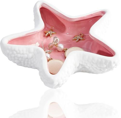 GORGECRAFT Plateau à Bijoux en Forme D'Étoile de Mer en Céramique Rose pour Bagues Organisateur de Bijoux Style Océan Boucles d'oreilles Colliers Petite Assiette Décorative pour Montre Entrée Table
