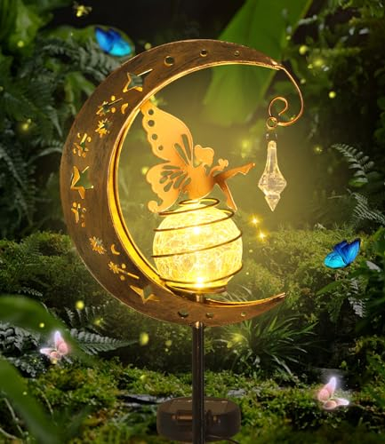 Lampes Solaires de Jardin,Métal Lune LED Boule de Verre Lumière de Jardin étanche,Verre Lumière de Jardin Lumière Chemin Étanche avec Fée,Décoration Jardin Exterieur,Lampe Solaire LED Chemin Pelouse