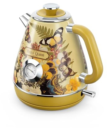 Hazel Quinn Wasserkocher Retro Vintage Design Edelstahl, BPA-frei, Automatische Abschaltung, Wasserkocher Temperaturanzeige, Strix Controller, Trockengehschutz, 2200 W,Geblümt bedruckt