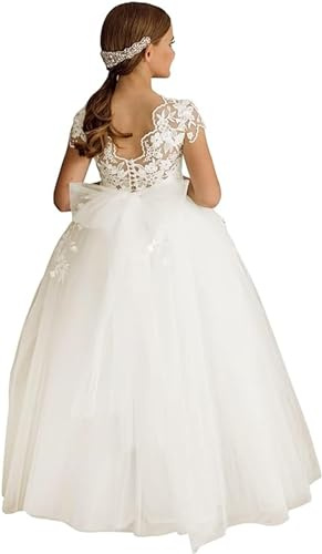 GZCYL Abito da Prima Comunione in pizzo semplice bianco in tulle vintage lungo abito da bambina dei fiori per matrimonio, avorio, 13-14 Anni
