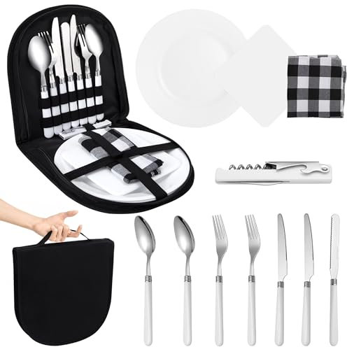 Camping Besteck Set Portable 13 Teiliges Edelstahl Picknick-Set Geschirr Set mit Löffel Gabel Schüssel für Picknick Camping 2 Personen