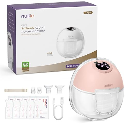 Nuliie Milchpumpe Elektrisch tragbare S32, 4 Modi, 9 Stufen, 24mm Flansch mit LED-Anzeige, Zusätzlich 1 Stück Flansch 18mm&21mm und Austauschbare Entenventile (1 Pack, Rosa)