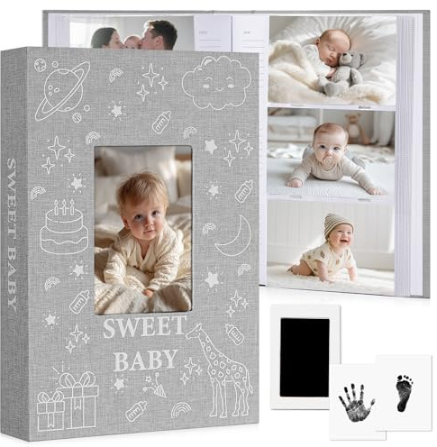 EARLY MINDS Album photo bébé 10x15 300 pochettes avec espace pour notes et kit d'empreintes de mains et pieds, couverture en lin, fenêtre avant, sans acide, pour nouveau-né garçon et fille