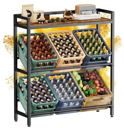 HFHOME Estantería para bebidas para 6 cajas con estante superior de madera, soporte de metal estable, cajas de bebidas con barandilla, soporte para cajas de cocina, sótano, garaje, estantería rústica