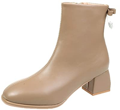 TDEOK Stövletter dam elegant blockklack stövlar spets tå damstövlar kort skaft ankelstövlar enfärgade läderstövlar korta stövlar med dragkedja halkfria vinterstövlar fashionabla