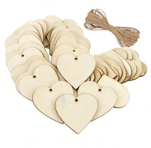 50PCS Wooden Hearts Embellishments Natural Unfinished Rustic Love Tags for Valentines Day Wedding Parties, Wood Log Slices for Garden Home DIY Art Craft Valentine'sTree Hanging Decoration-4CM