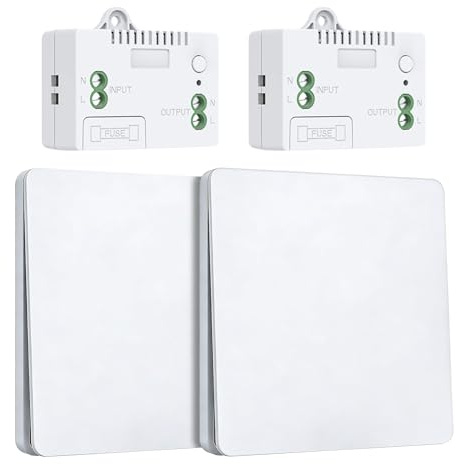 Funk Lichtschalter 230V Set mit Empfänger und Sender,Batterieloser Drahtloser Funk-Wandschalter für Lichter,Kabelloser Lichttaster funkschalter fernbedienung(EU 2Gang 2V2 A)