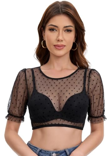 Trachtland Blusa Dirndl para Mujer de Manga Corta, Estilo Tradicional Oktoberfest Transparente, con Cuello Redondo, Botones y Lunares Negros Talla 34-44