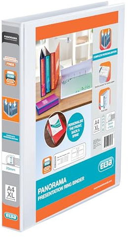Elba A4 4 D-Ring Binder, 25mm capacity, 40mm spine, Presentation Folder with Customisable Cover, Portrait, White (Pack of 10)