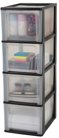 Iris Ohyama, Torre de Almacenamiento de Plástico, 4 Cajones Grandes, Negro, Fácil Apertura, Formato A4, A5 y A6, Mueble Organizador, para Oficina, Material Escolar, Papelería, Sin BPA, OCH-2400