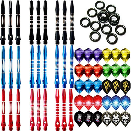 JpGdn 87 Pcs Darts Shafts and Flights Aluminum 2BA Medium Dart Stems Assorted Thread Throwing Fitting with O'ring for Indoor Dart Games Professional Dart Accessories