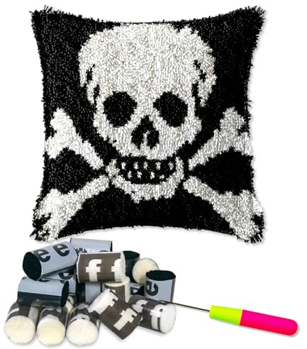 DL-YTG Latch Hook Kits Pillow Black Skull Crochet Yarn Cushion Colour Printed Canvas Rug Needlework DIY Pillowcase Hook and Latch Kit Christmas Home Arts Crafts Sofa Decoration 42x42cm/16X16inch