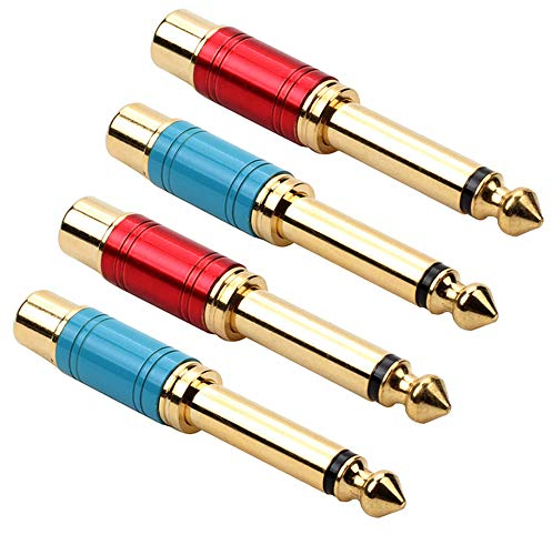 Greluma 4 Pièces 6.35mm (1/4 Pouce) Adaptateur Audio Mâle vers RCA Femelle Plaqué Or (Rouge et Bleu)