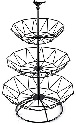 ZJYWMM Decorative Fruit Basket 3 Floors - Metal Fruit Etagere (47X 28.5/24.2/19.5Cm) for More Space on The Worktop - Hollow Exquisite Fruit Bowls for Storage Vegetables, Snacks,Black